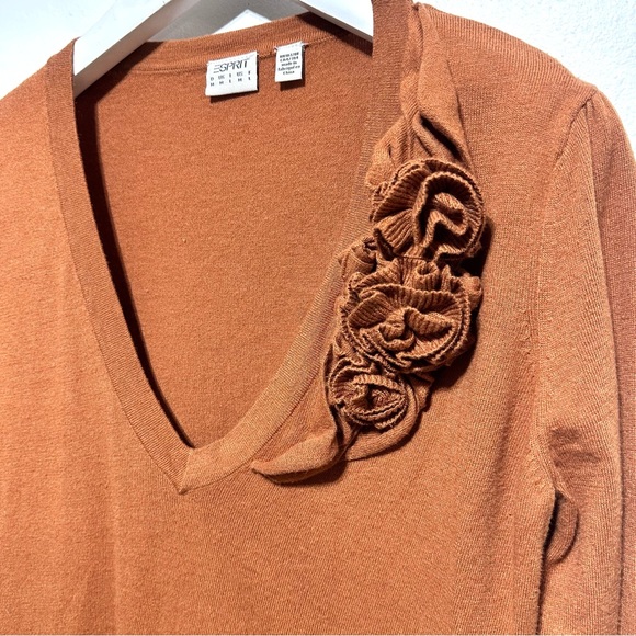 Esprit EUC Women’s V Neck Knit Brown Ribbed Sweater Size Medium - Picture 4 of 9